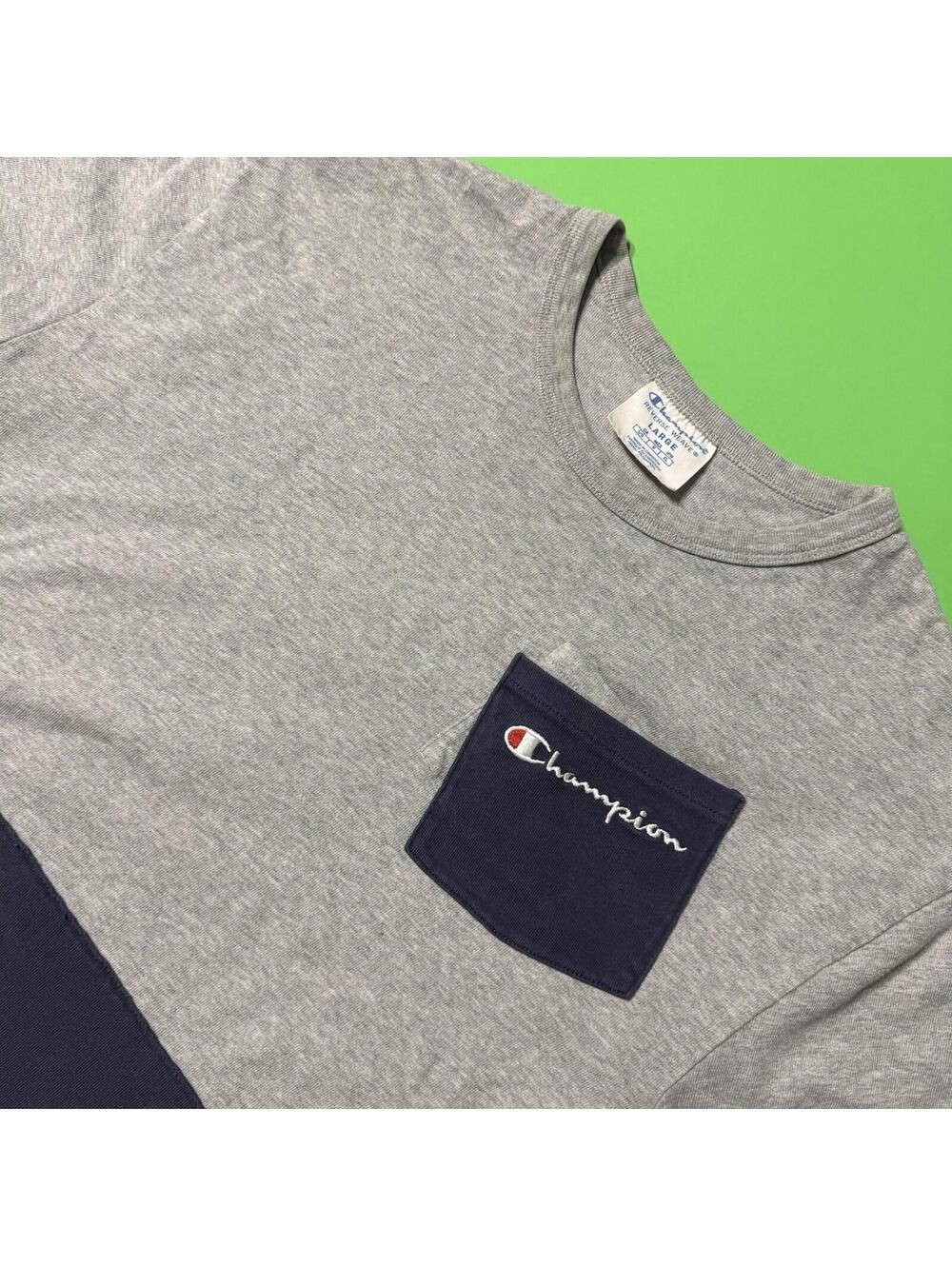 Champion Reverse Weave T-Shirt Gray Navy Colorblock Big Back Logo Men’s Large